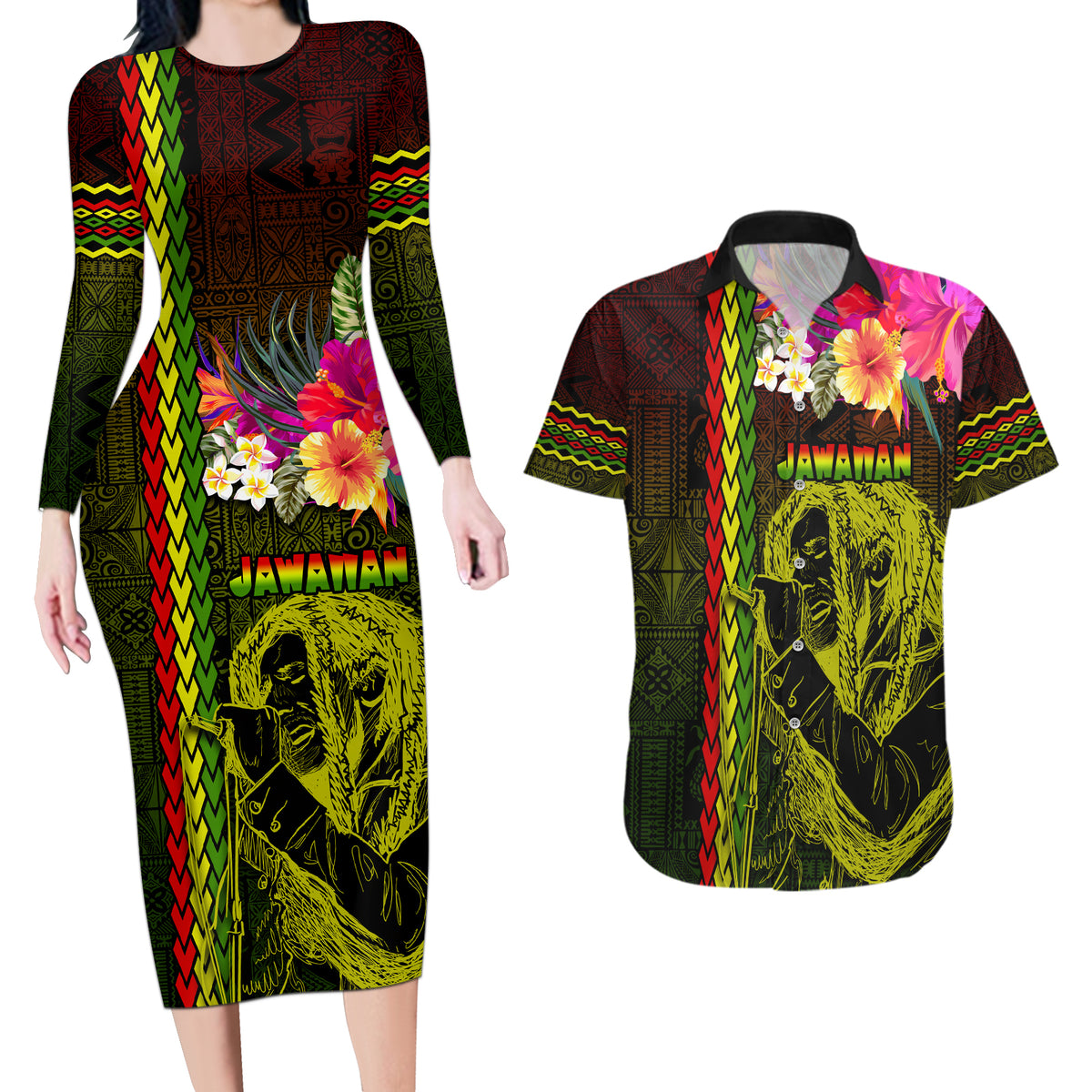 Hawaiian Reggae Music Couples Matching Long Sleeve Bodycon Dress and Hawaiian Shirt Jamaica Singer Tribal Polynesian and Hibiscus LT03 Black - Polynesian Pride