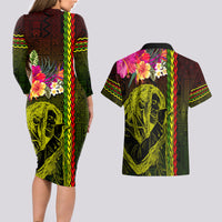 Hawaiian Reggae Music Couples Matching Long Sleeve Bodycon Dress and Hawaiian Shirt Jamaica Singer Tribal Polynesian and Hibiscus LT03 - Polynesian Pride