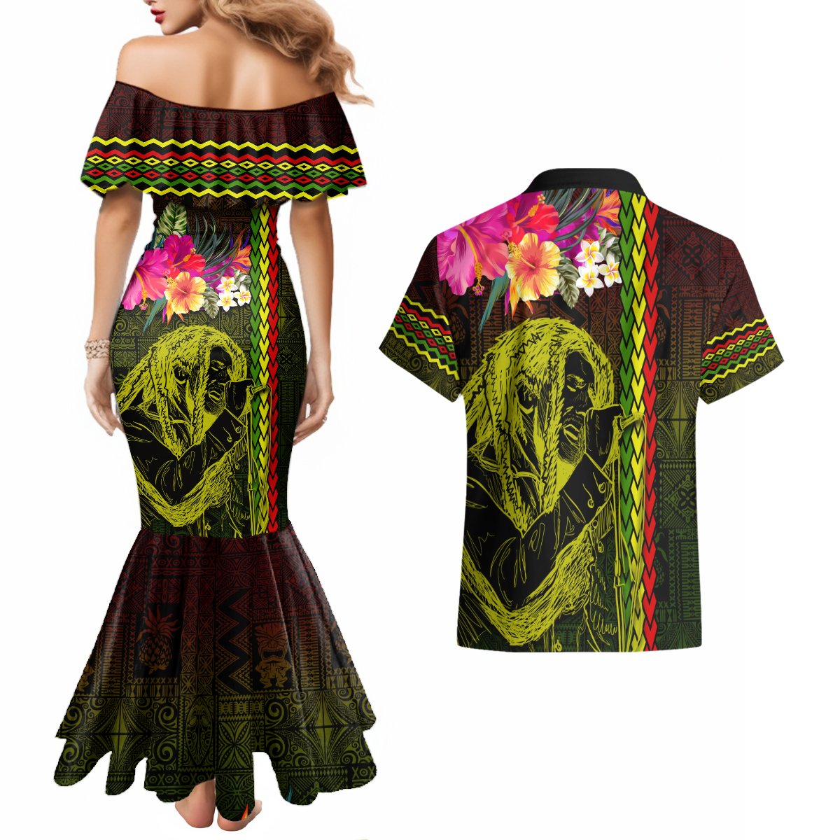 Hawaiian Reggae Music Couples Matching Mermaid Dress and Hawaiian Shirt Jamaica Singer Tribal Polynesian and Hibiscus LT03 - Polynesian Pride