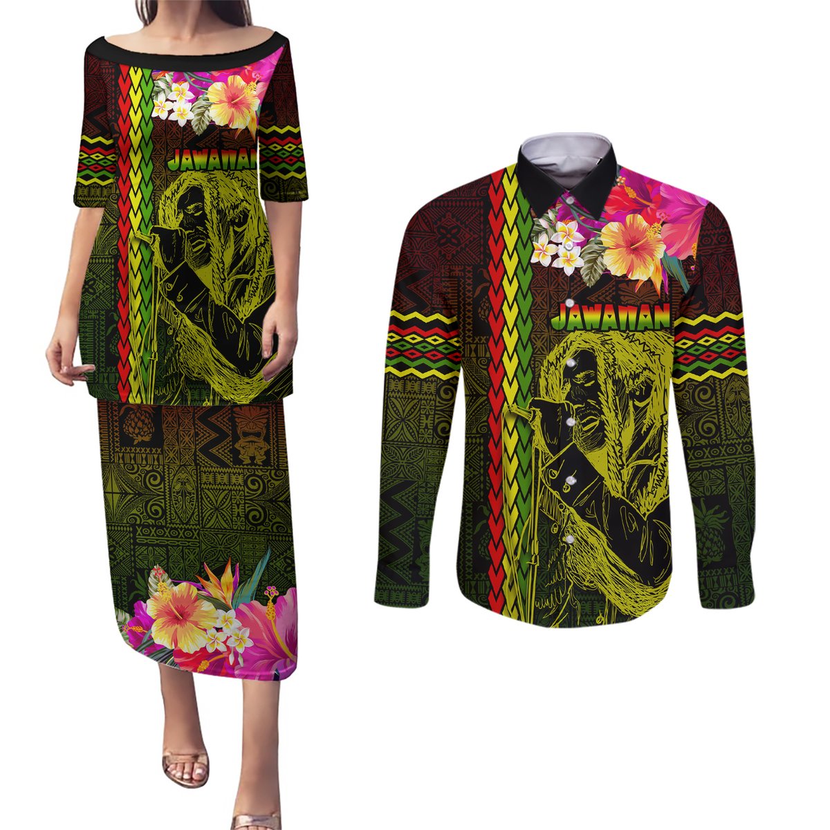 Hawaiian Reggae Music Couples Matching Puletasi and Long Sleeve Button Shirt Jamaica Singer Tribal Polynesian and Hibiscus