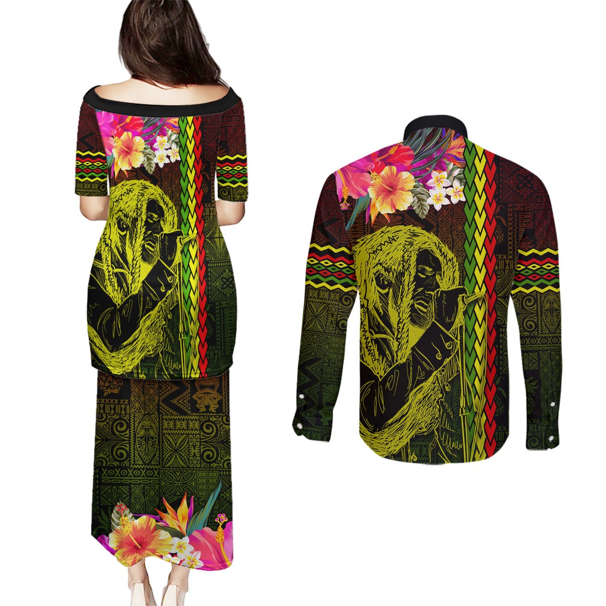 Hawaiian Reggae Music Couples Matching Puletasi and Long Sleeve Button Shirt Jamaica Singer Tribal Polynesian and Hibiscus