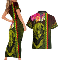 Hawaiian Reggae Music Couples Matching Short Sleeve Bodycon Dress and Hawaiian Shirt Jamaica Singer Tribal Polynesian and Hibiscus LT03 - Polynesian Pride
