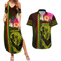 Hawaiian Reggae Music Couples Matching Summer Maxi Dress and Hawaiian Shirt Jamaica Singer Tribal Polynesian and Hibiscus LT03 Black - Polynesian Pride