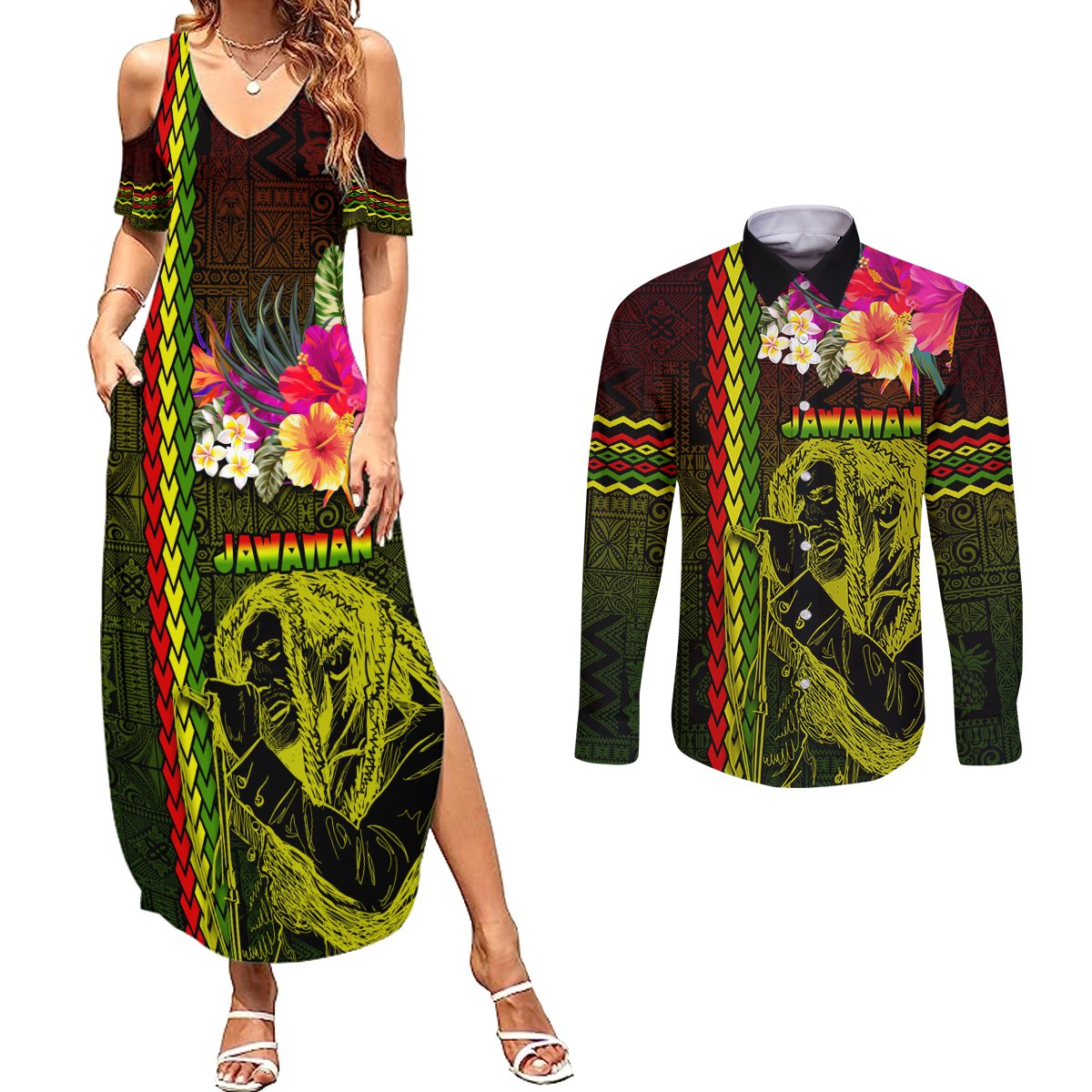 Hawaiian Reggae Music Couples Matching Summer Maxi Dress and Long Sleeve Button Shirt Jamaica Singer Tribal Polynesian and Hibiscus LT03 Black - Polynesian Pride