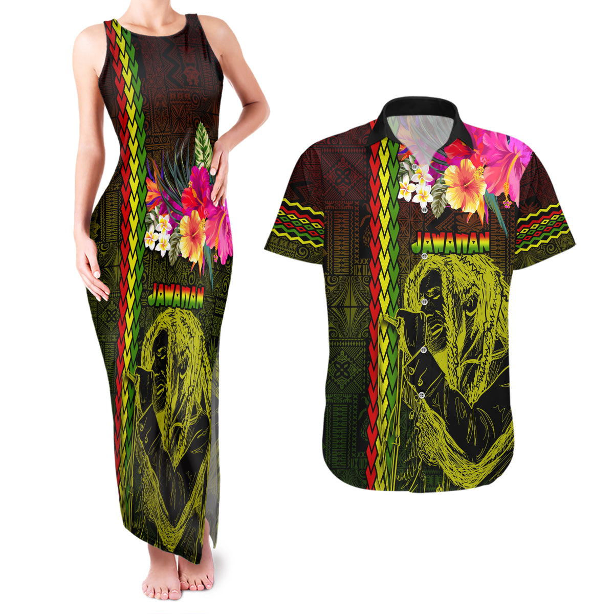 Hawaiian Reggae Music Couples Matching Tank Maxi Dress and Hawaiian Shirt Jamaica Singer Tribal Polynesian and Hibiscus LT03 Black - Polynesian Pride