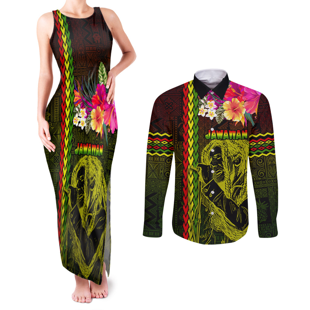 Hawaiian Reggae Music Couples Matching Tank Maxi Dress and Long Sleeve Button Shirt Jamaica Singer Tribal Polynesian and Hibiscus