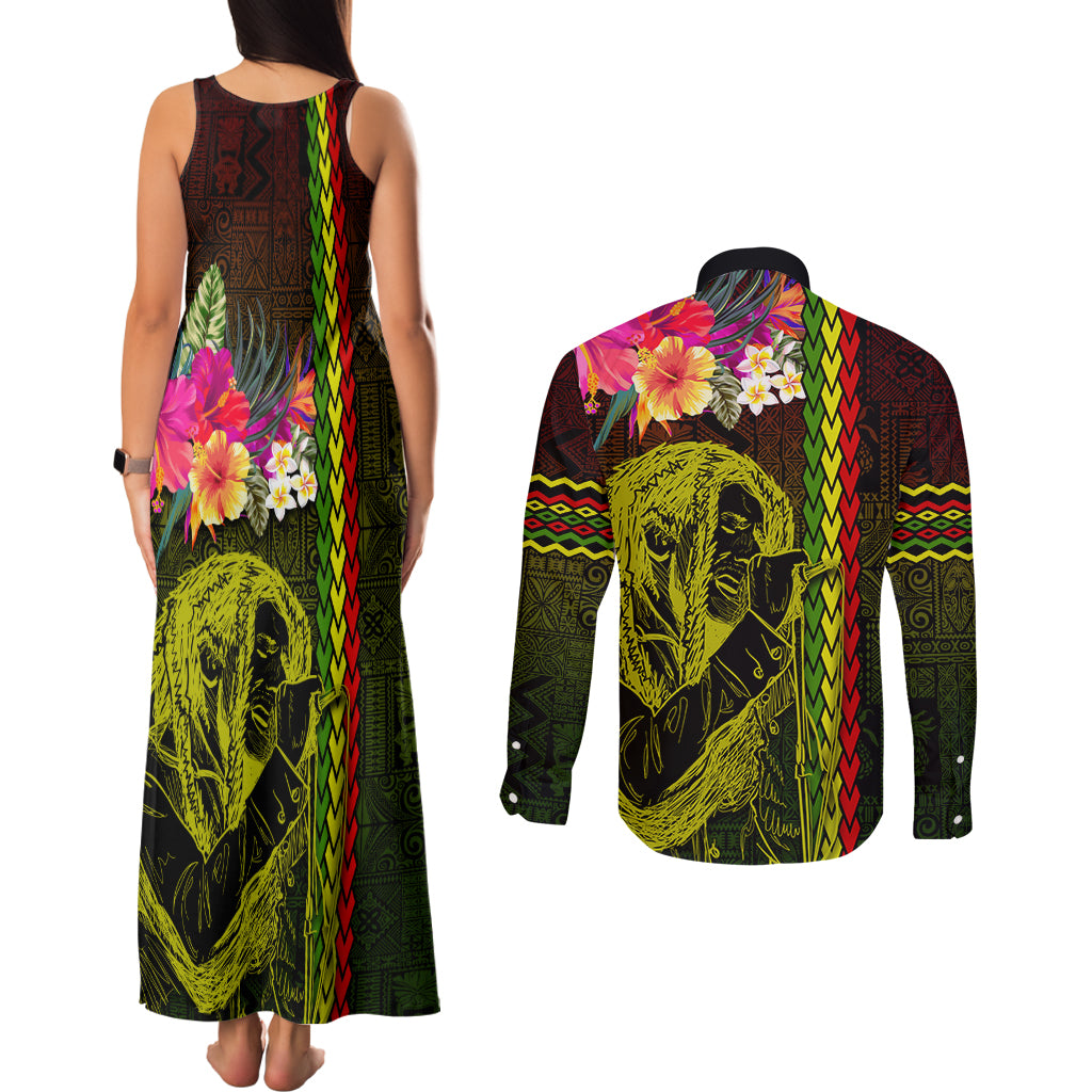 Hawaiian Reggae Music Couples Matching Tank Maxi Dress and Long Sleeve Button Shirt Jamaica Singer Tribal Polynesian and Hibiscus LT03 - Polynesian Pride