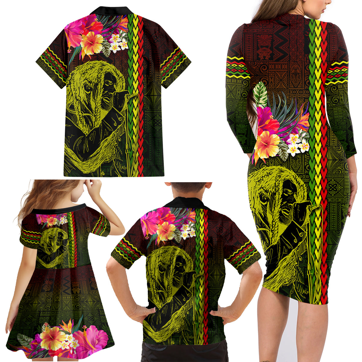Hawaiian Reggae Music Family Matching Long Sleeve Bodycon Dress and Hawaiian Shirt Jamaica Singer Tribal Polynesian and Hibiscus LT03 - Polynesian Pride