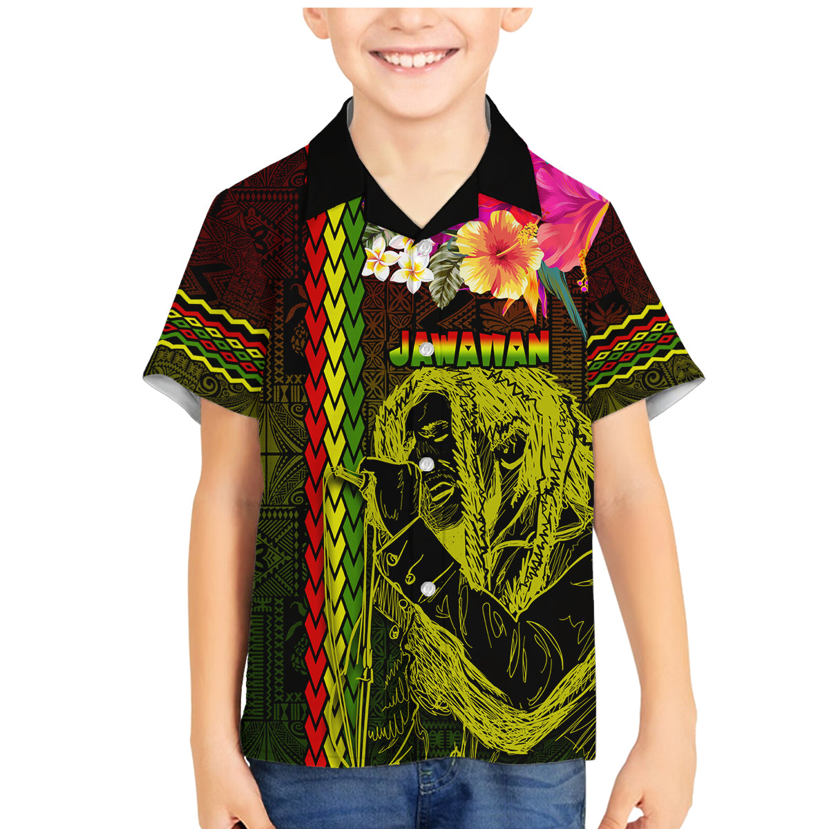 Hawaiian Reggae Music Family Matching Mermaid Dress and Hawaiian Shirt Jamaica Singer Tribal Polynesian and Hibiscus LT03 Son's Shirt Black - Polynesian Pride