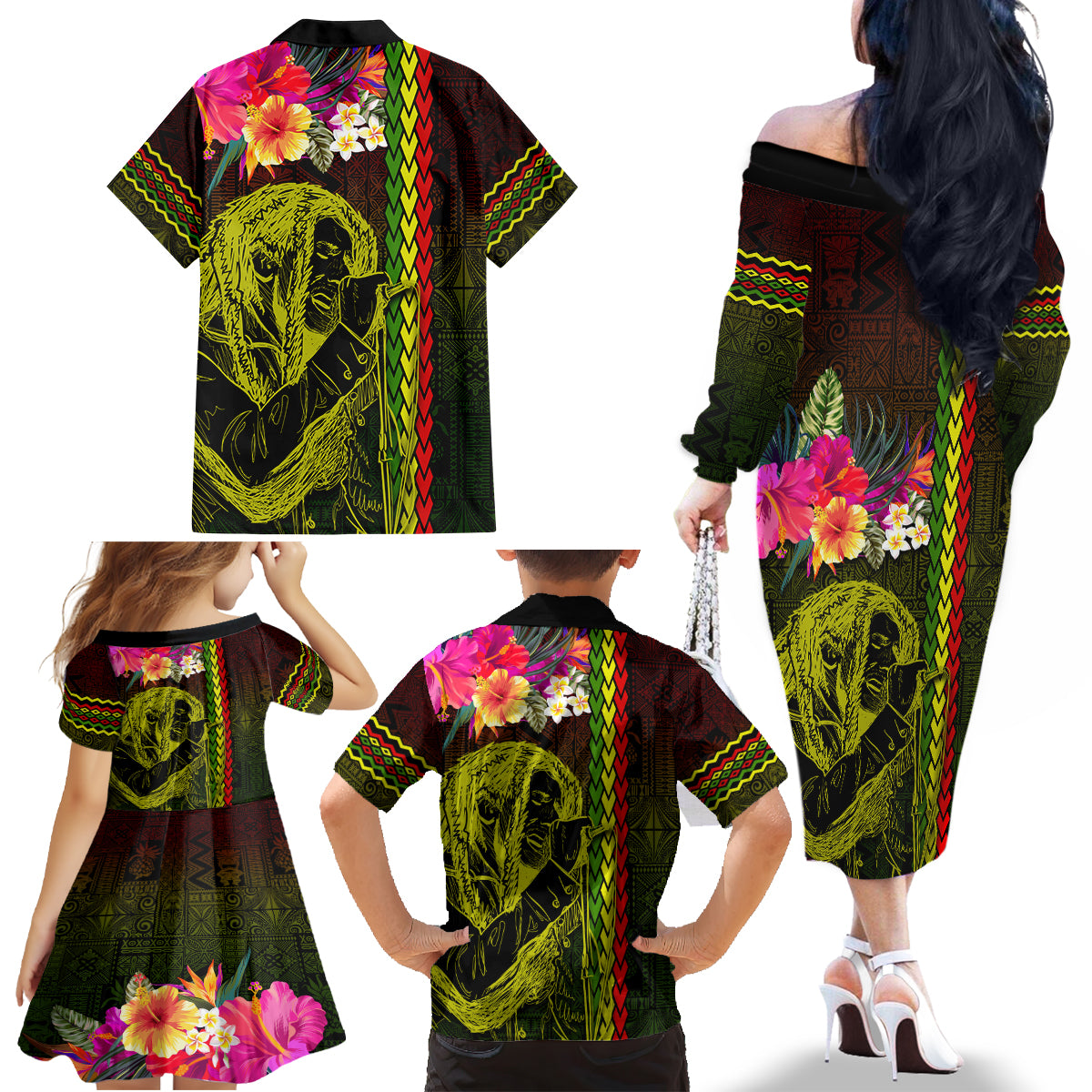 Hawaiian Reggae Music Family Matching Off The Shoulder Long Sleeve Dress and Hawaiian Shirt Jamaica Singer Tribal Polynesian and Hibiscus LT03 - Polynesian Pride