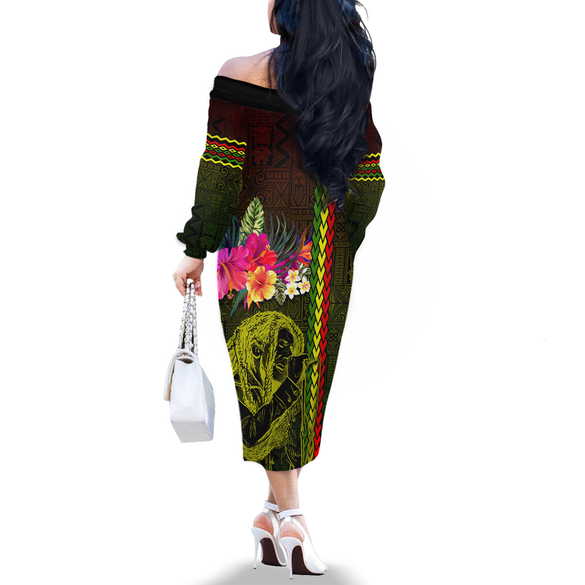 Hawaiian Reggae Music Family Matching Off The Shoulder Long Sleeve Dress and Hawaiian Shirt Jamaica Singer Tribal Polynesian and Hibiscus LT03 - Polynesian Pride
