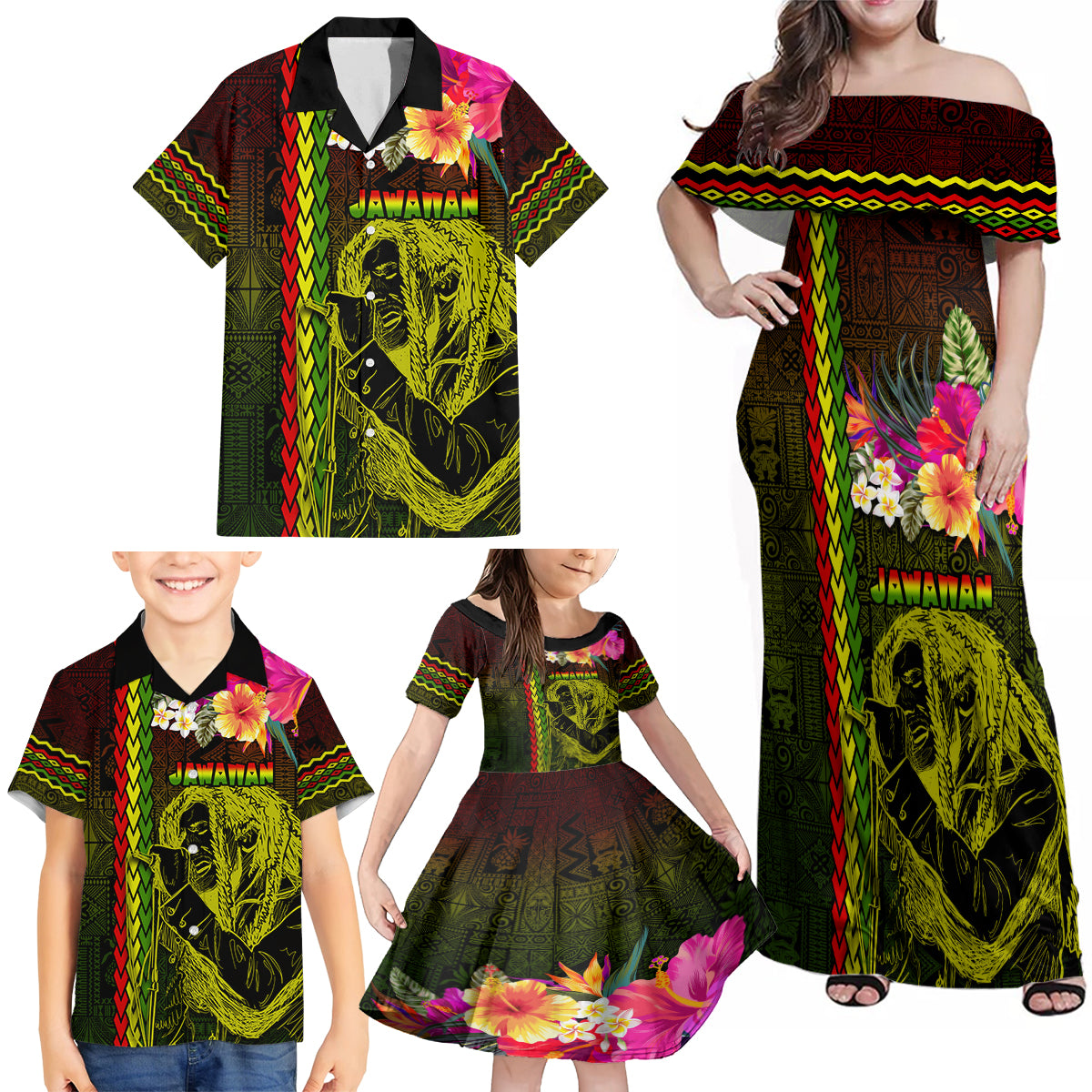 Hawaiian Reggae Music Family Matching Off Shoulder Maxi Dress and Hawaiian Shirt Jamaica Singer Tribal Polynesian and Hibiscus LT03 - Polynesian Pride