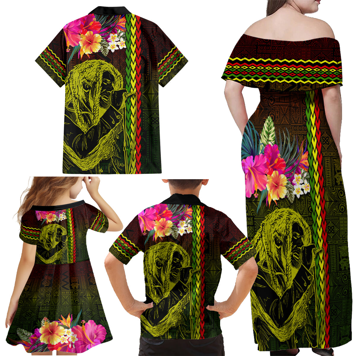Hawaiian Reggae Music Family Matching Off Shoulder Maxi Dress and Hawaiian Shirt Jamaica Singer Tribal Polynesian and Hibiscus LT03 - Polynesian Pride