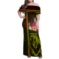 Hawaiian Reggae Music Family Matching Off Shoulder Maxi Dress and Hawaiian Shirt Jamaica Singer Tribal Polynesian and Hibiscus LT03 Mom's Dress Black - Polynesian Pride