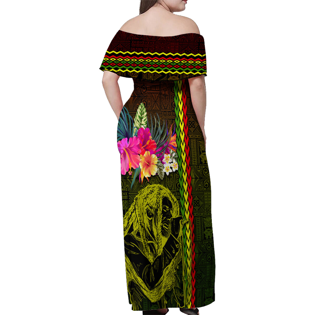 Hawaiian Reggae Music Family Matching Off Shoulder Maxi Dress and Hawaiian Shirt Jamaica Singer Tribal Polynesian and Hibiscus LT03 - Polynesian Pride