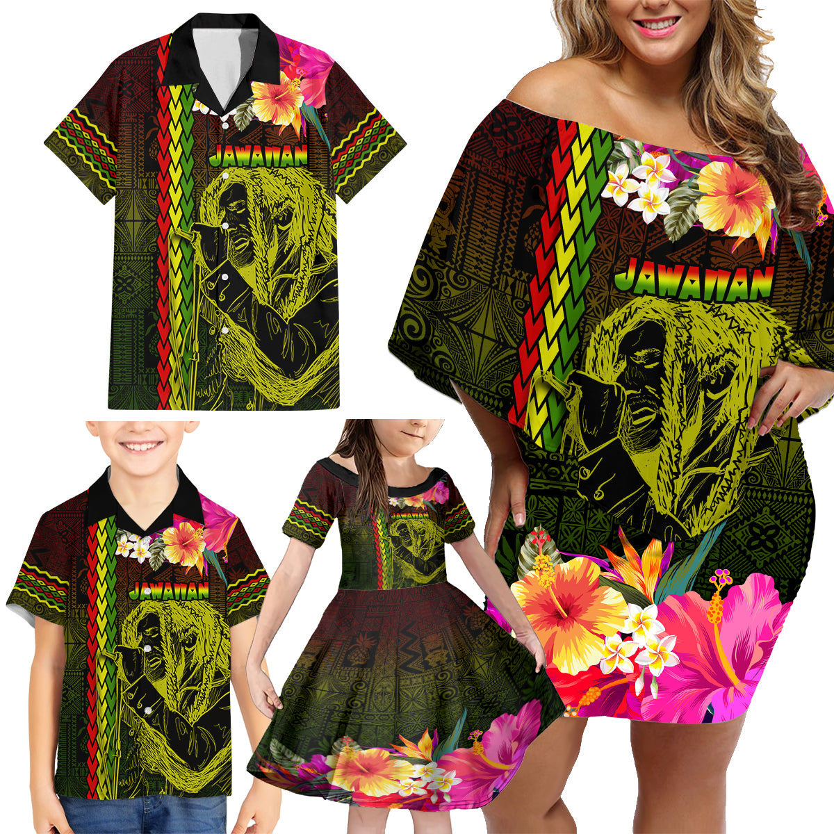 Hawaiian Reggae Music Family Matching Off Shoulder Short Dress and Hawaiian Shirt Jamaica Singer Tribal Polynesian and Hibiscus LT03 - Polynesian Pride