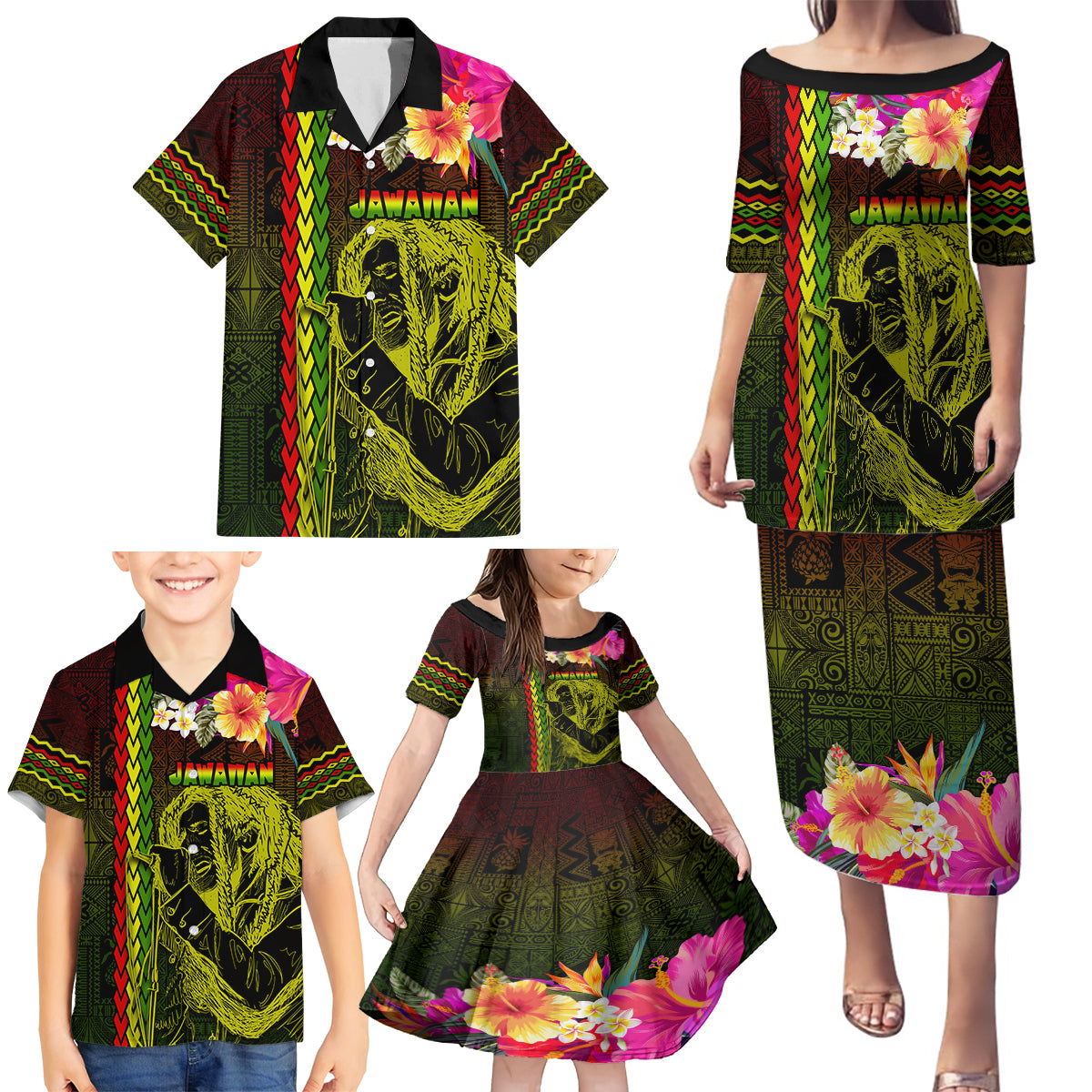 Hawaiian Reggae Music Family Matching Puletasi and Hawaiian Shirt Jamaica Singer Tribal Polynesian and Hibiscus LT03 - Polynesian Pride