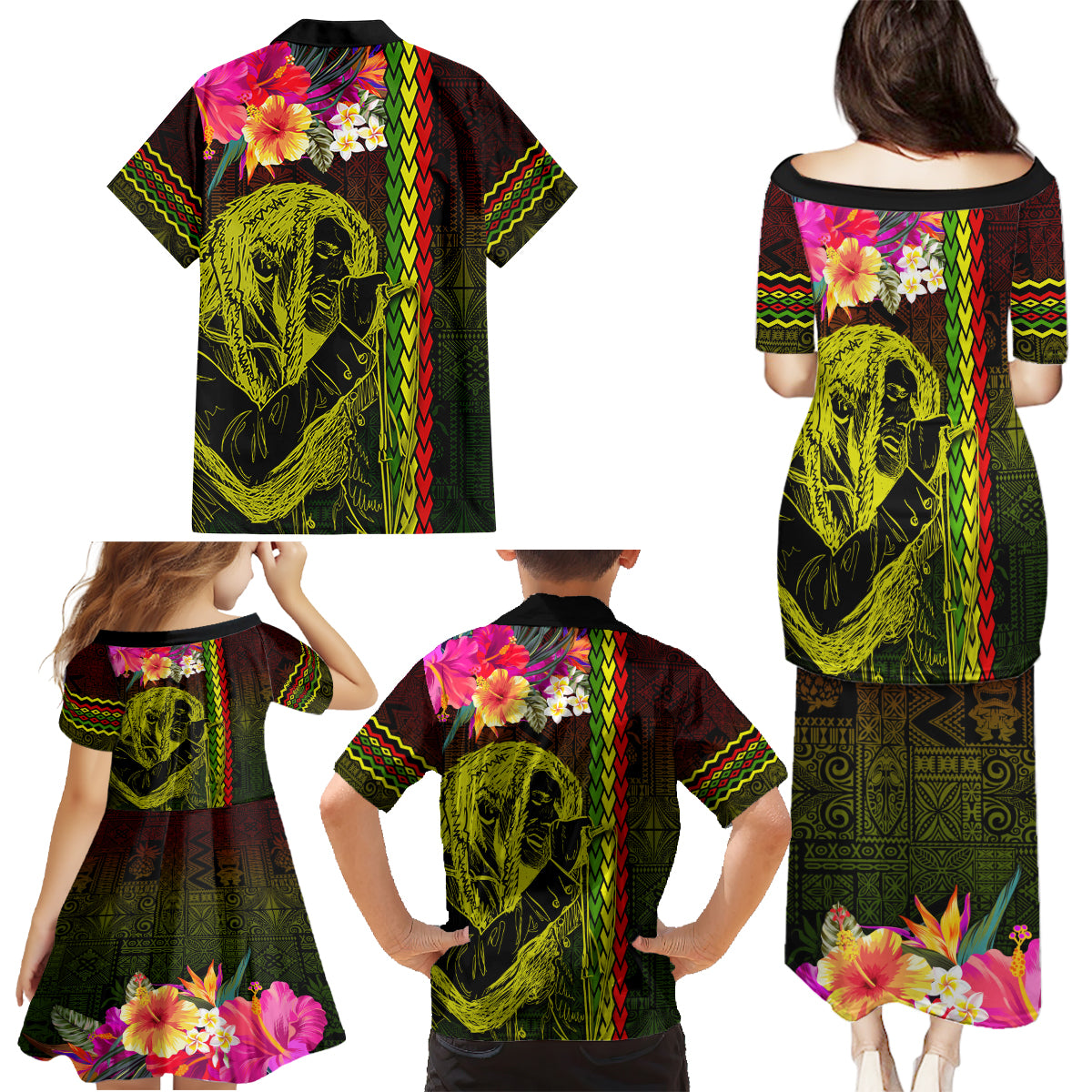 Hawaiian Reggae Music Family Matching Puletasi and Hawaiian Shirt Jamaica Singer Tribal Polynesian and Hibiscus LT03 - Polynesian Pride