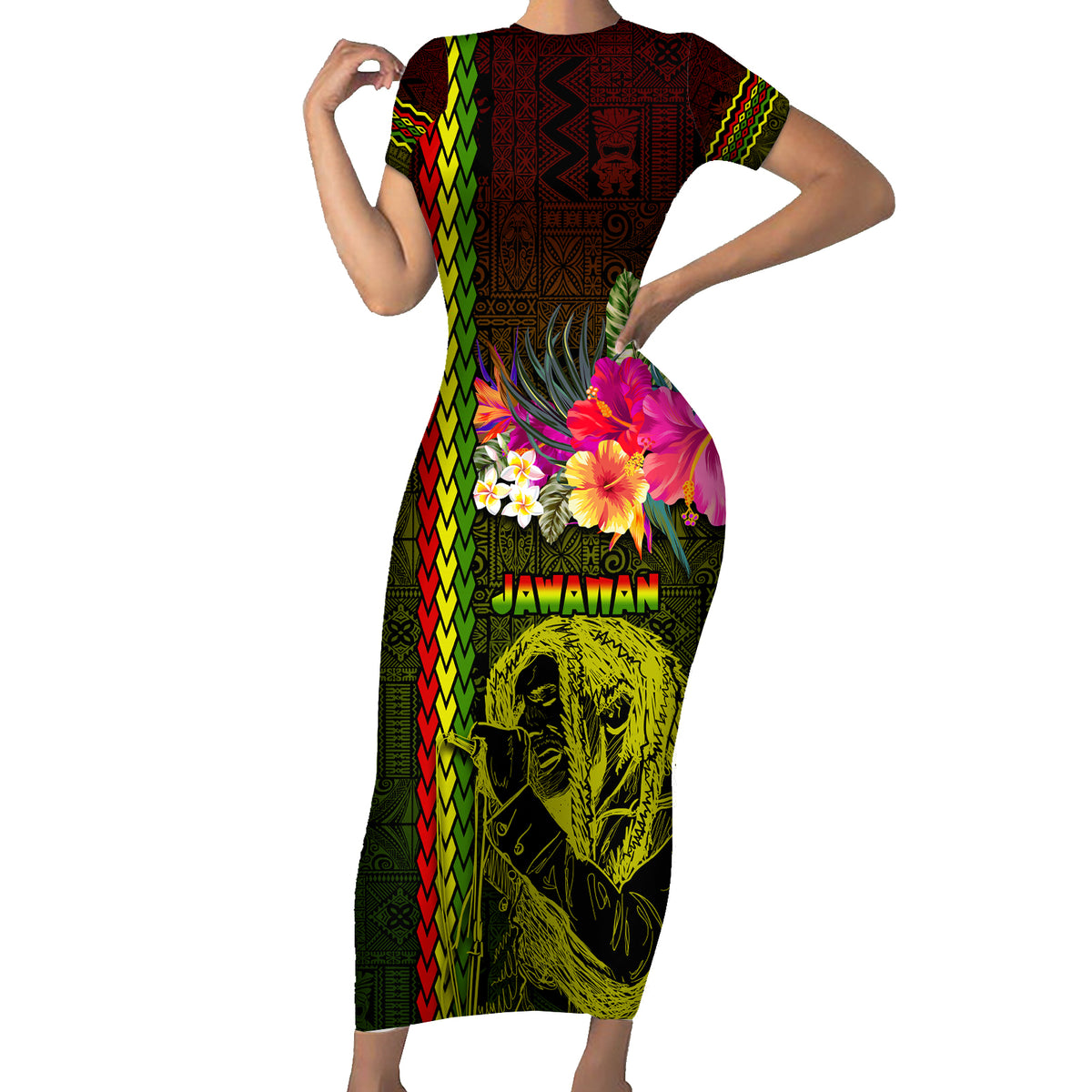 Hawaiian Reggae Music Family Matching Short Sleeve Bodycon Dress and Hawaiian Shirt Jamaica Singer Tribal Polynesian and Hibiscus LT03 Mom's Dress Black - Polynesian Pride