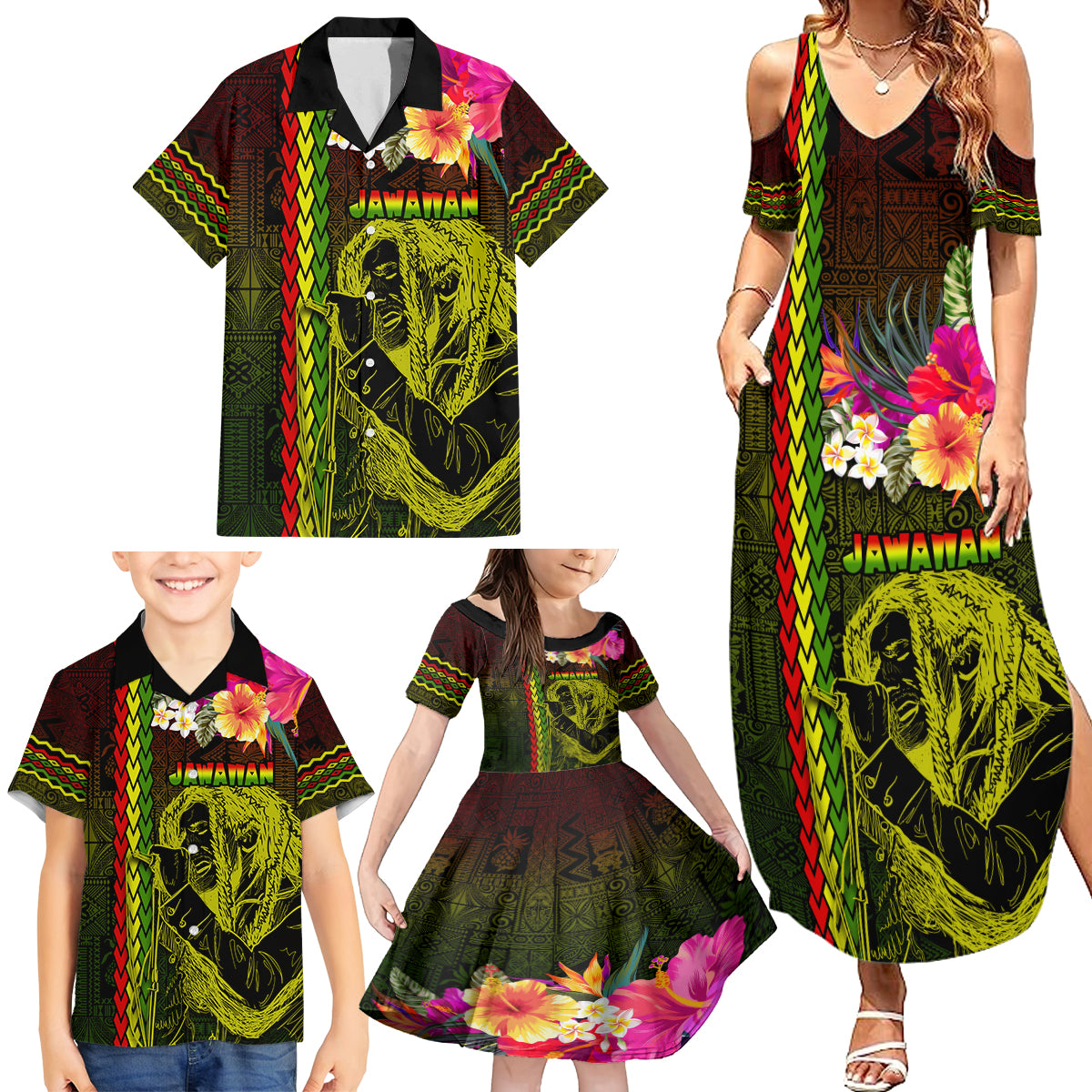 Hawaiian Reggae Music Family Matching Summer Maxi Dress and Hawaiian Shirt Jamaica Singer Tribal Polynesian and Hibiscus LT03 - Polynesian Pride