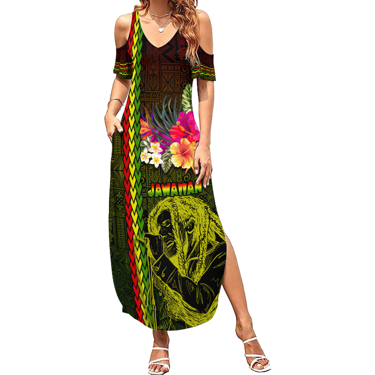 Hawaiian Reggae Music Family Matching Summer Maxi Dress and Hawaiian Shirt Jamaica Singer Tribal Polynesian and Hibiscus LT03 Mom's Dress Black - Polynesian Pride