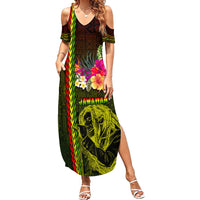 Hawaiian Reggae Music Family Matching Summer Maxi Dress and Hawaiian Shirt Jamaica Singer Tribal Polynesian and Hibiscus LT03 Mom's Dress Black - Polynesian Pride