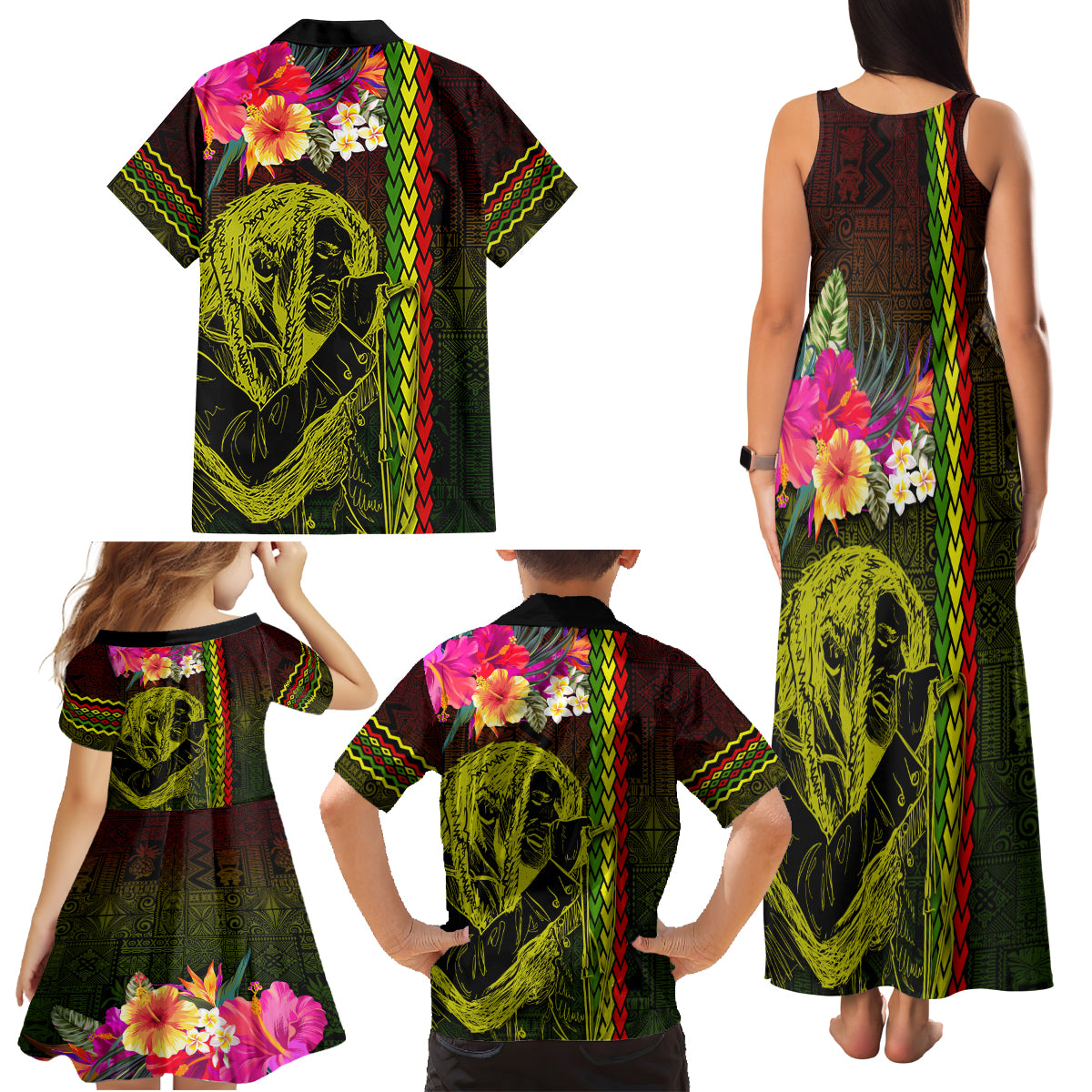Hawaiian Reggae Music Family Matching Tank Maxi Dress and Hawaiian Shirt Jamaica Singer Tribal Polynesian and Hibiscus LT03 - Polynesian Pride