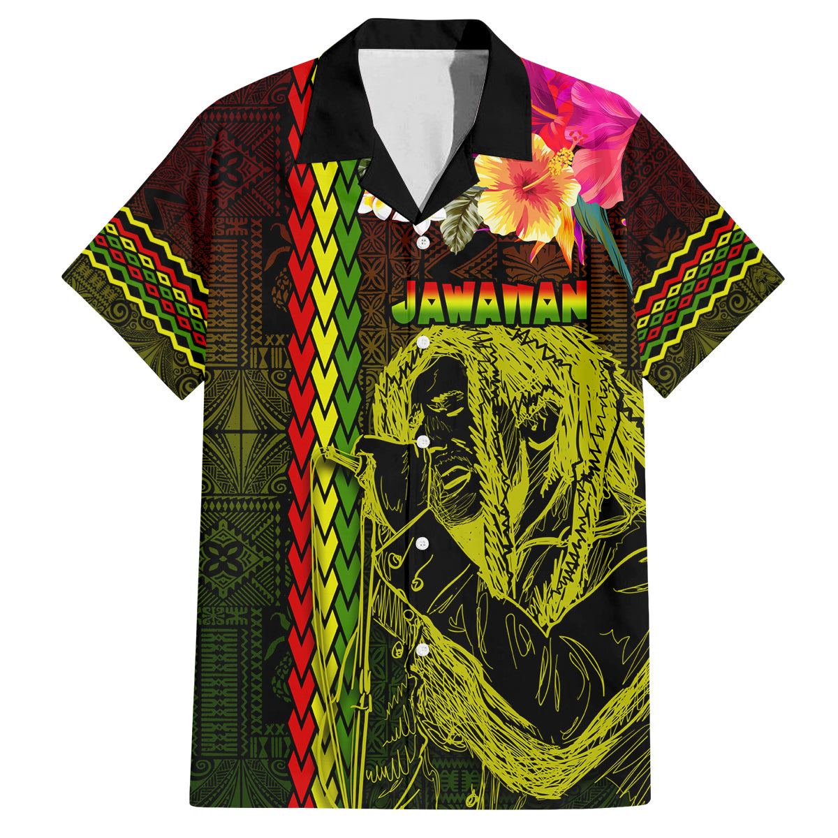 Hawaiian Reggae Music Family Matching Tank Maxi Dress and Hawaiian Shirt Jamaica Singer Tribal Polynesian and Hibiscus LT03 Dad's Shirt - Short Sleeve Black - Polynesian Pride