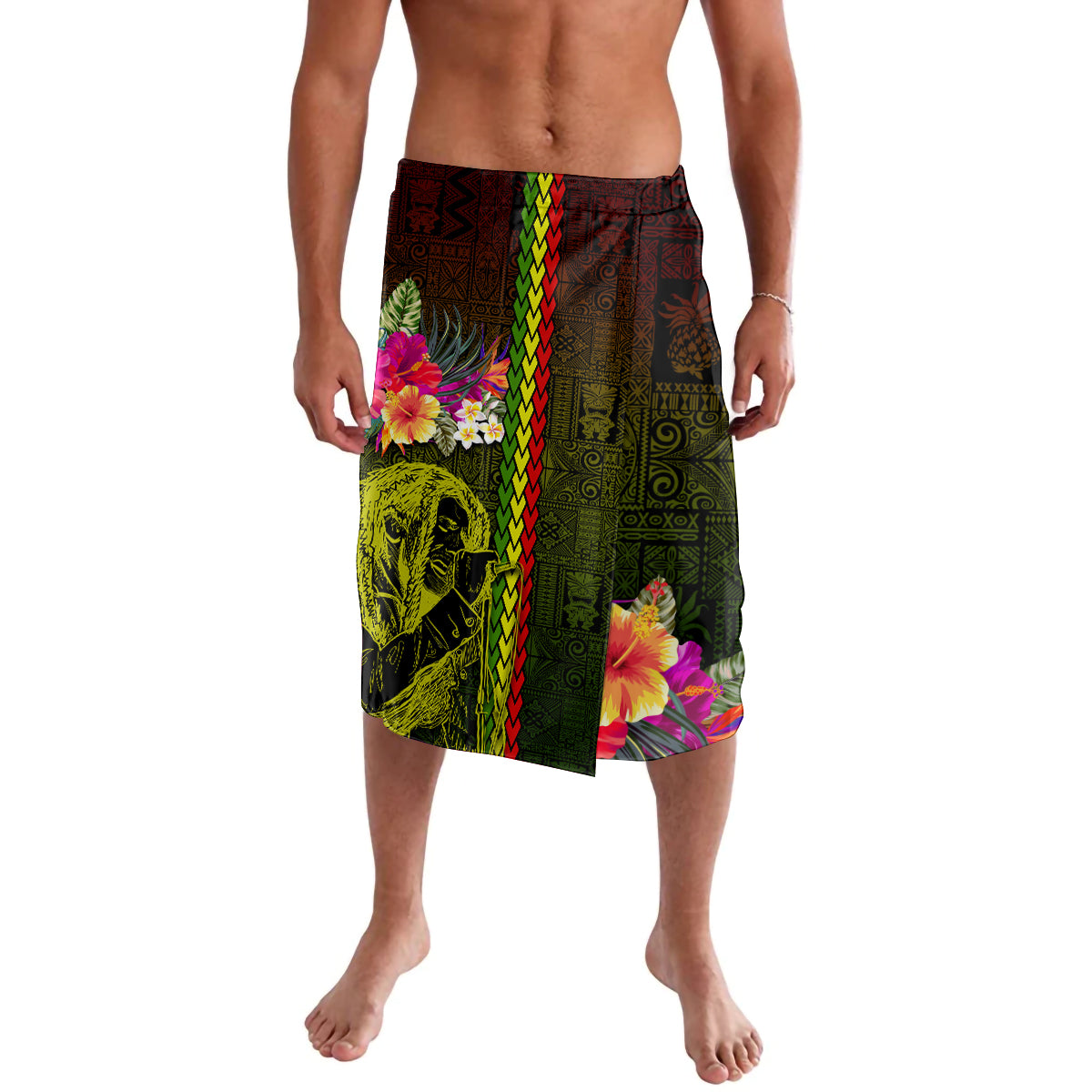 Hawaiian Reggae Music Lavalava Jamaica Singer Tribal Polynesian and Hibiscus LT03 Black - Polynesian Pride