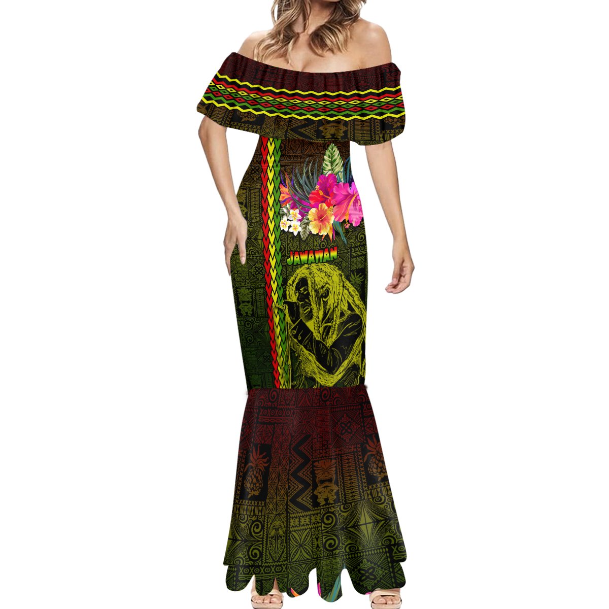 Hawaiian Reggae Music Mermaid Dress Jamaica Singer Tribal Polynesian and Hibiscus
