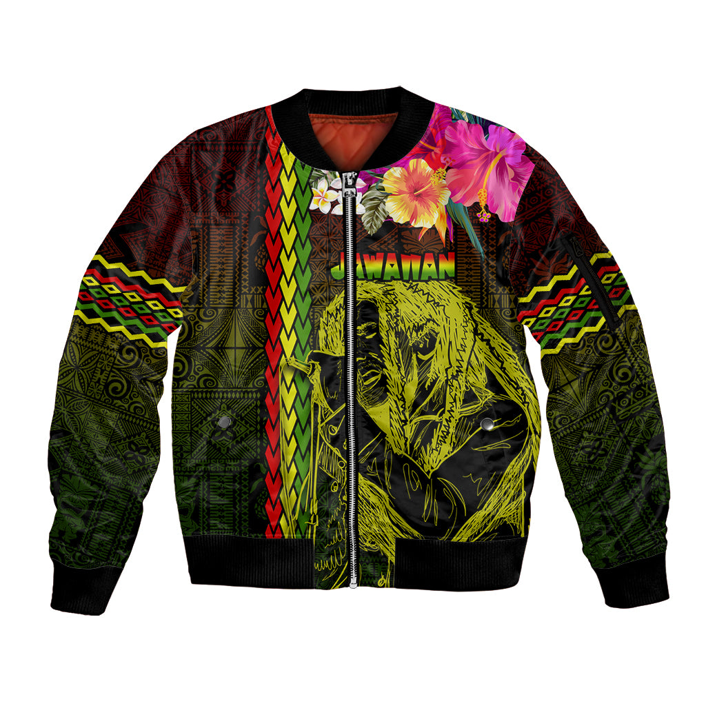 Hawaiian Reggae Music Sleeve Zip Bomber Jacket Jamaica Singer Tribal Polynesian and Hibiscus LT03 Unisex Black - Polynesian Pride