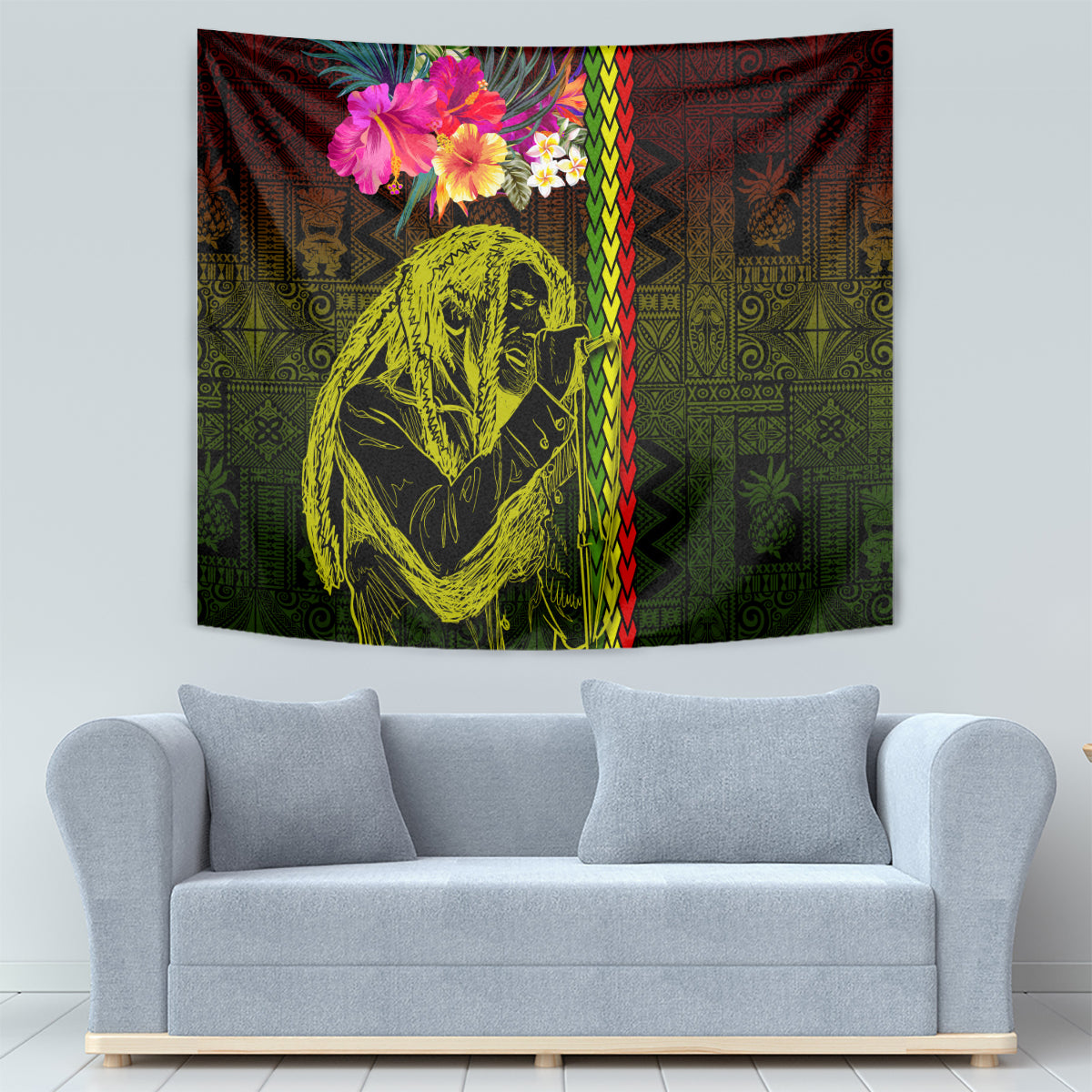 Hawaiian Reggae Music Tapestry Jamaica Singer Tribal Polynesian and Hibiscus
