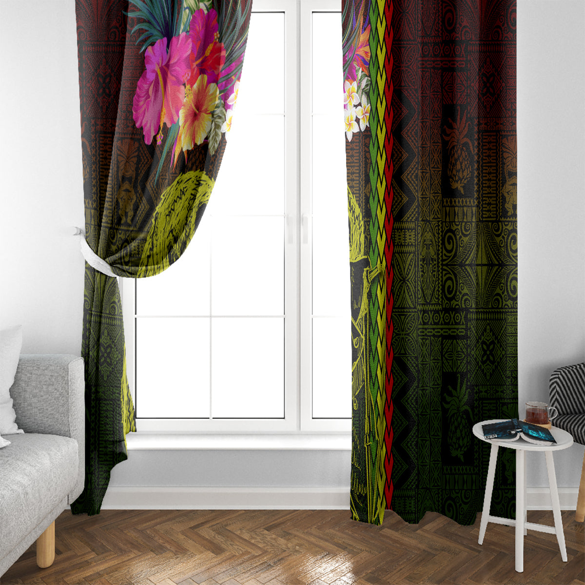 Hawaiian Reggae Music Window Curtain Jamaica Singer Tribal Polynesian and Hibiscus