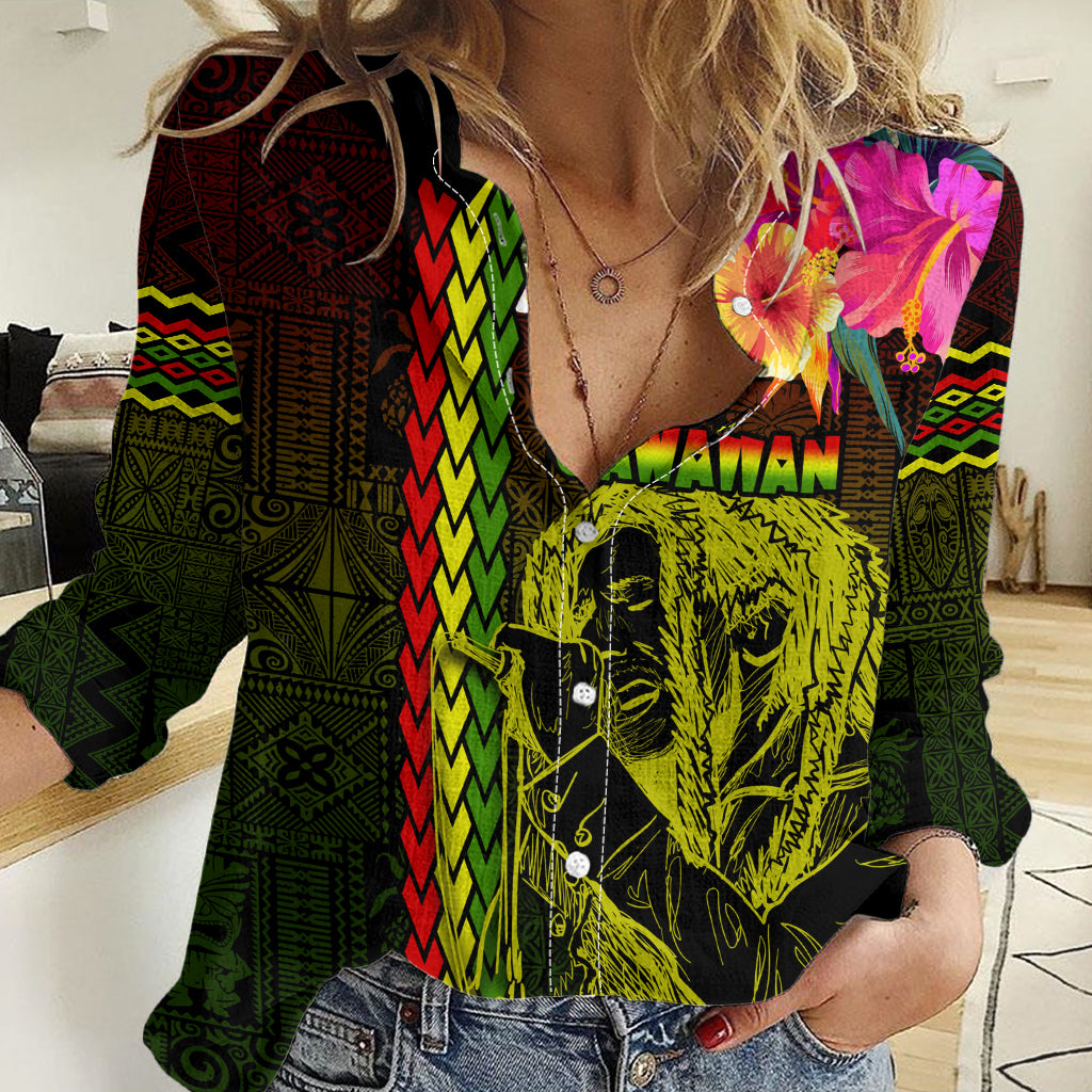 Hawaiian Reggae Music Women Casual Shirt Jamaica Singer Tribal Polynesian and Hibiscus LT03 Female Black - Polynesian Pride