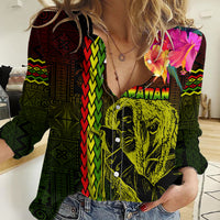 Hawaiian Reggae Music Women Casual Shirt Jamaica Singer Tribal Polynesian and Hibiscus LT03 Female Black - Polynesian Pride