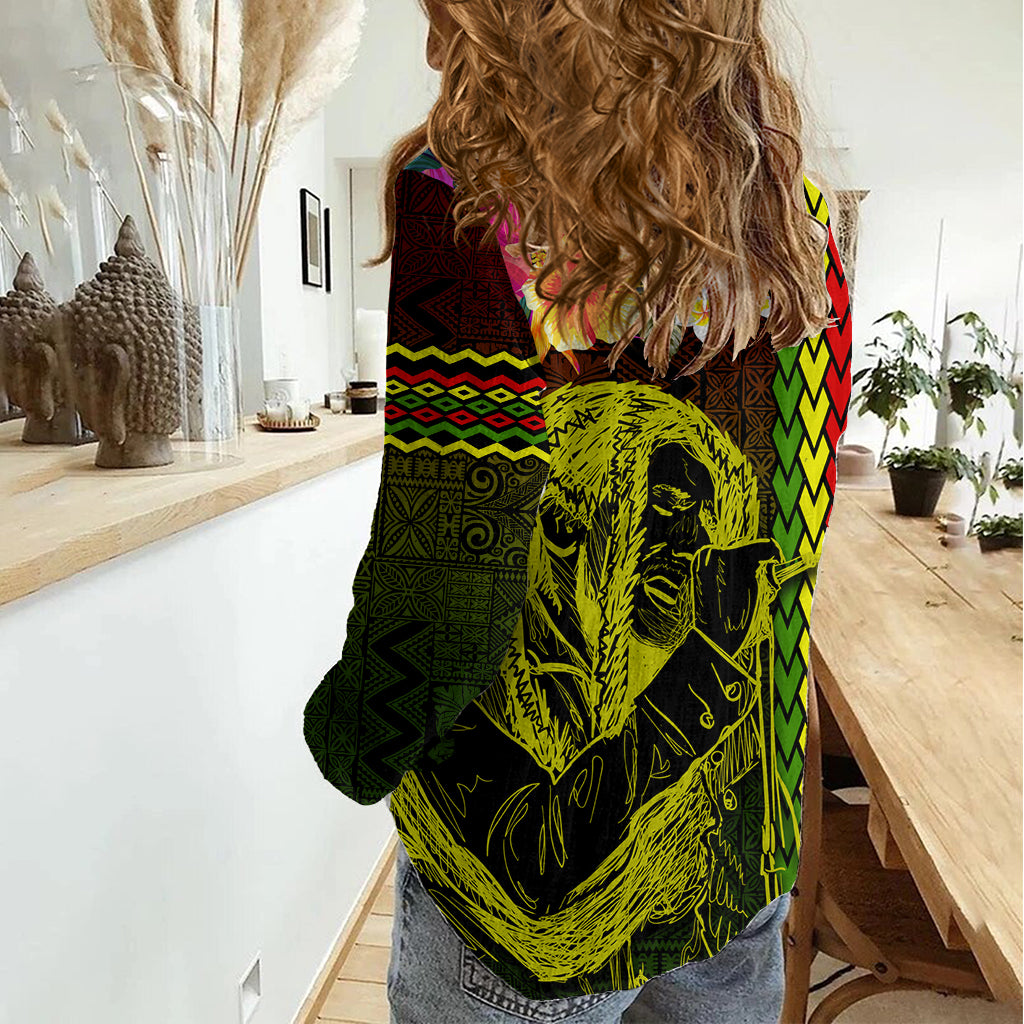 Hawaiian Reggae Music Women Casual Shirt Jamaica Singer Tribal Polynesian and Hibiscus LT03 - Polynesian Pride