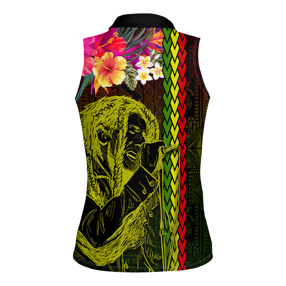 Hawaiian Reggae Music Women Sleeveless Polo Shirt Jamaica Singer Tribal Polynesian and Hibiscus