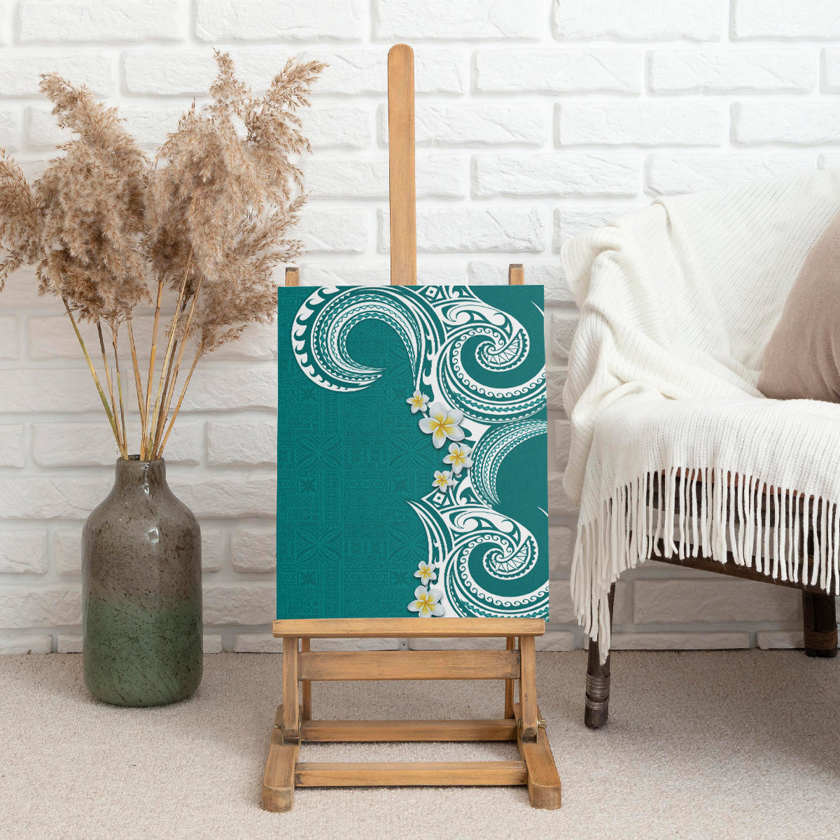 Aloha Polynesian Plumeria Flower Canvas Wall Art Teal Color