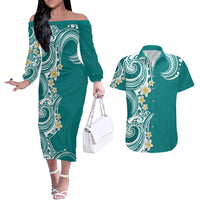 Aloha Polynesian Plumeria Flower Couples Matching Off The Shoulder Long Sleeve Dress and Hawaiian Shirt Teal Color LT03 Teal - Polynesian Pride