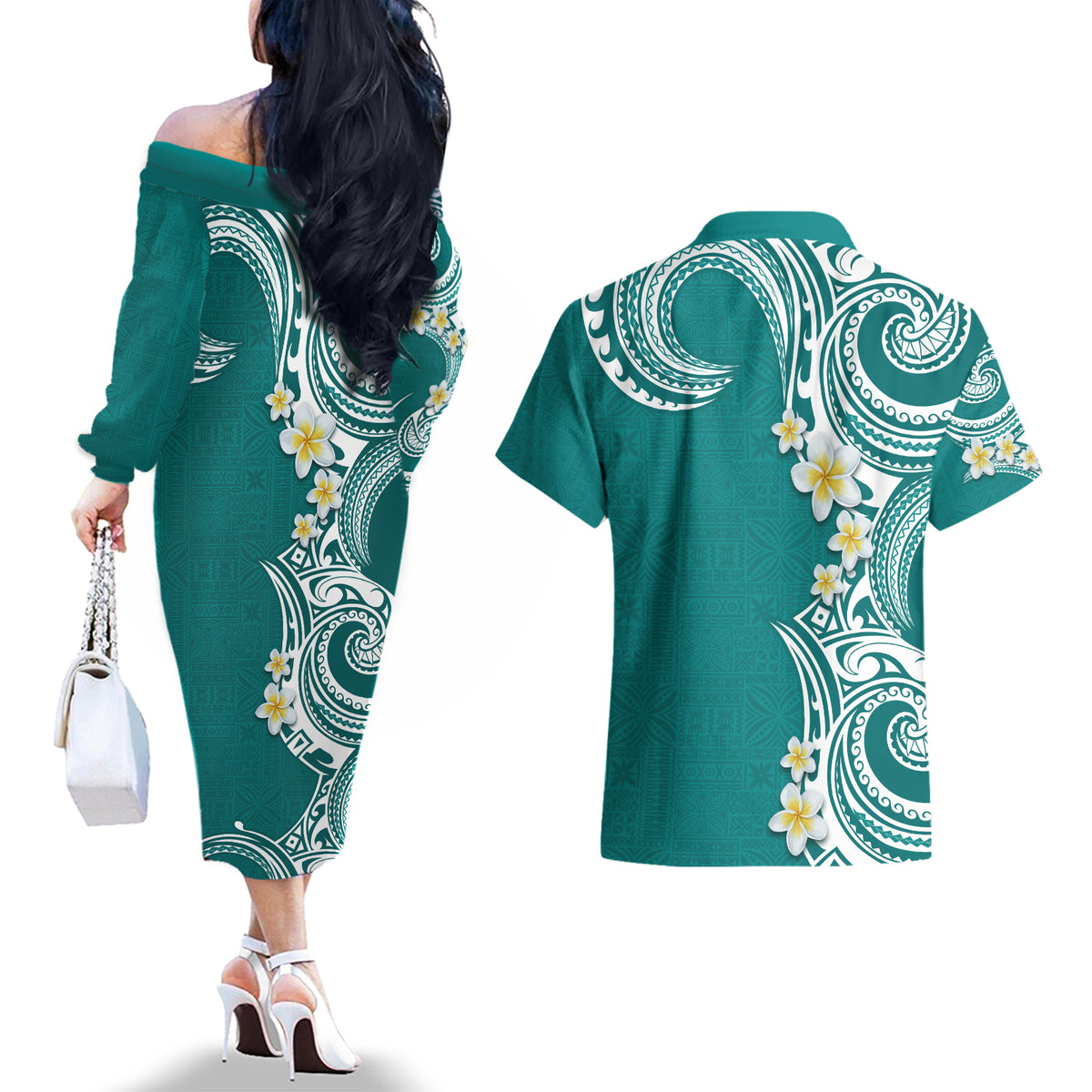Aloha Polynesian Plumeria Flower Couples Matching Off The Shoulder Long Sleeve Dress and Hawaiian Shirt Teal Color LT03 - Polynesian Pride