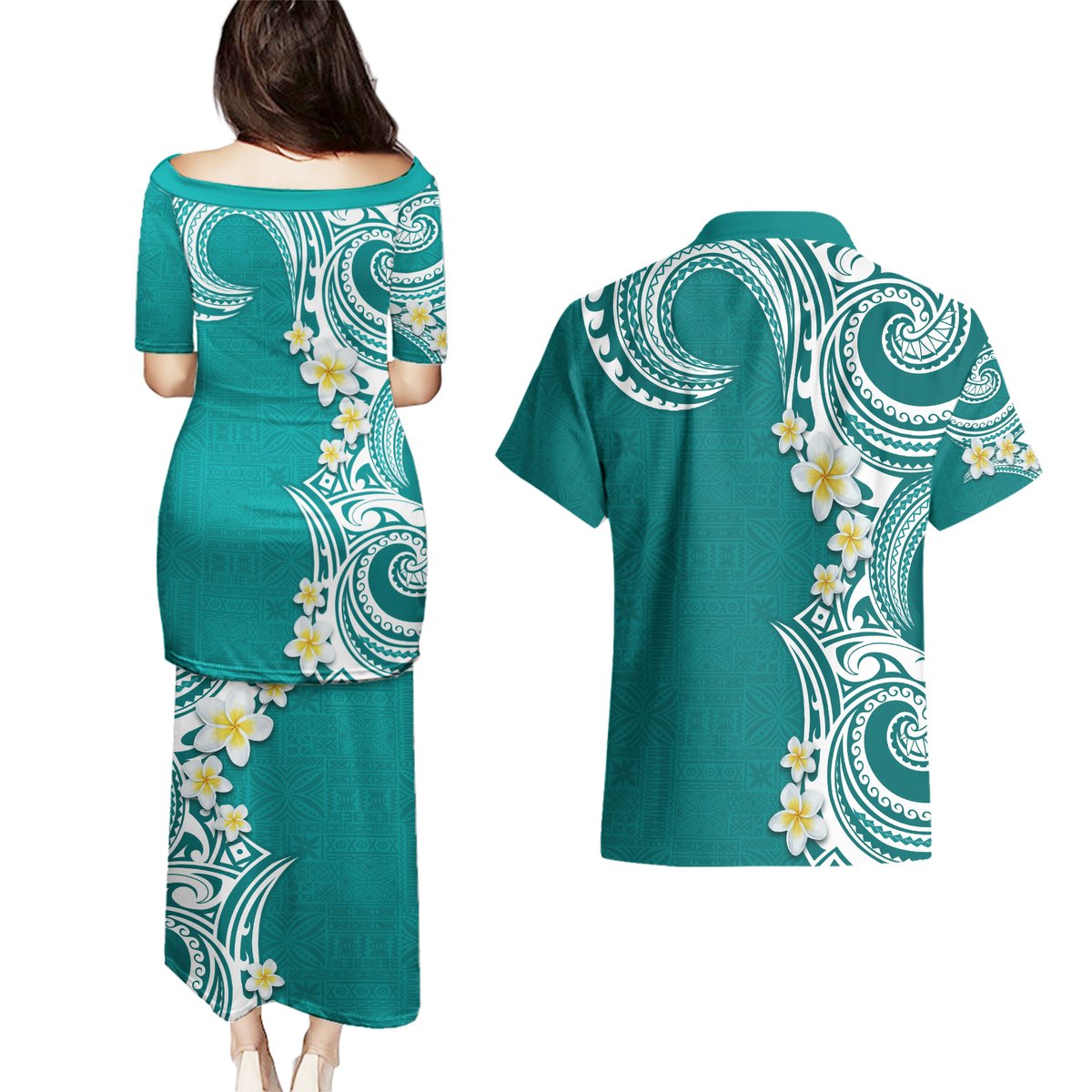 Aloha Polynesian Plumeria Flower Couples Matching Puletasi and Hawaiian Shirt Teal Color
