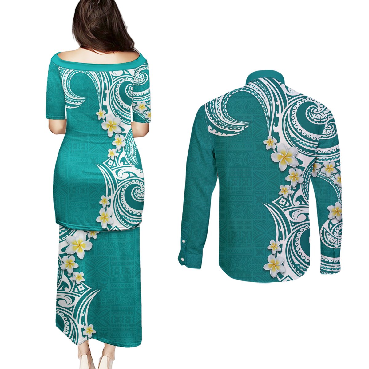 Aloha Polynesian Plumeria Flower Couples Matching Puletasi and Long Sleeve Button Shirt Teal Color