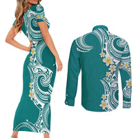Aloha Polynesian Plumeria Flower Couples Matching Short Sleeve Bodycon Dress and Long Sleeve Button Shirt Teal Color