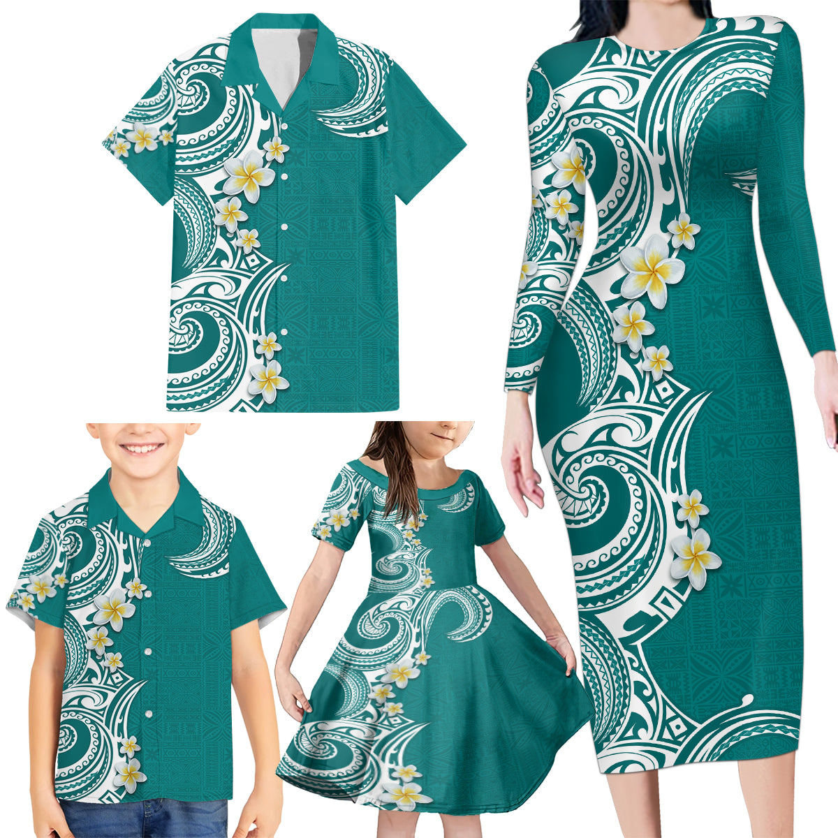 Aloha Polynesian Plumeria Flower Family Matching Long Sleeve Bodycon Dress and Hawaiian Shirt Teal Color LT03 - Polynesian Pride