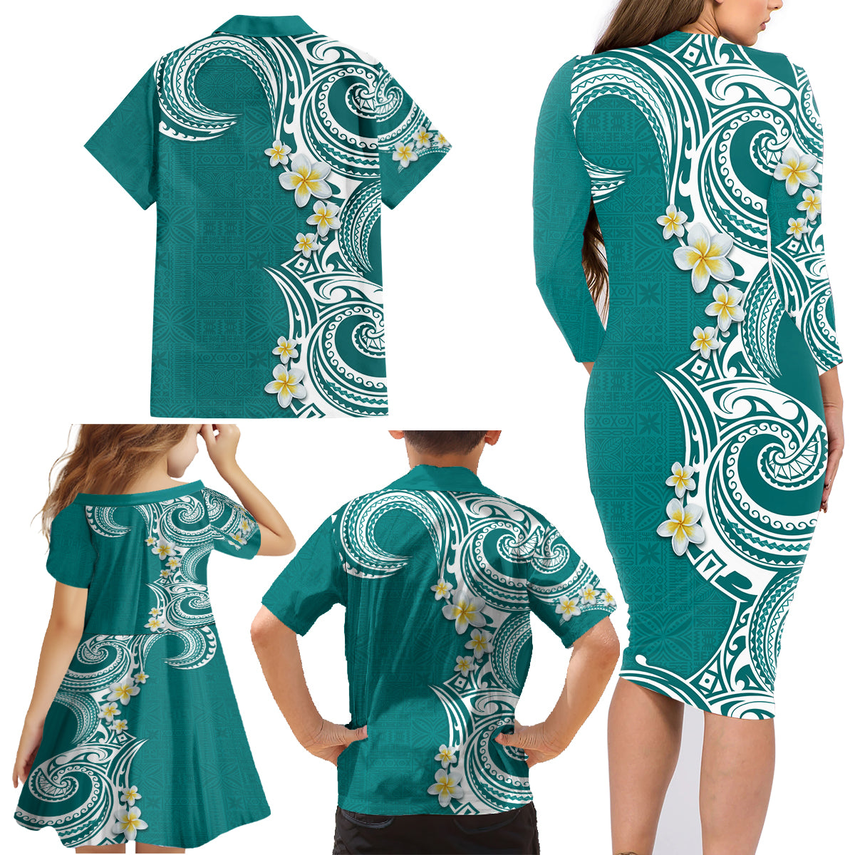 Aloha Polynesian Plumeria Flower Family Matching Long Sleeve Bodycon Dress and Hawaiian Shirt Teal Color LT03 - Polynesian Pride