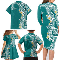 Aloha Polynesian Plumeria Flower Family Matching Long Sleeve Bodycon Dress and Hawaiian Shirt Teal Color LT03 - Polynesian Pride