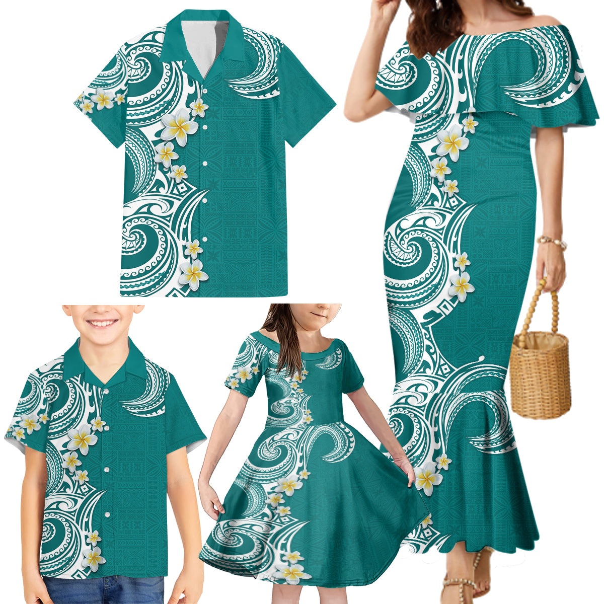 Aloha Polynesian Plumeria Flower Family Matching Mermaid Dress and Hawaiian Shirt Teal Color LT03 - Polynesian Pride