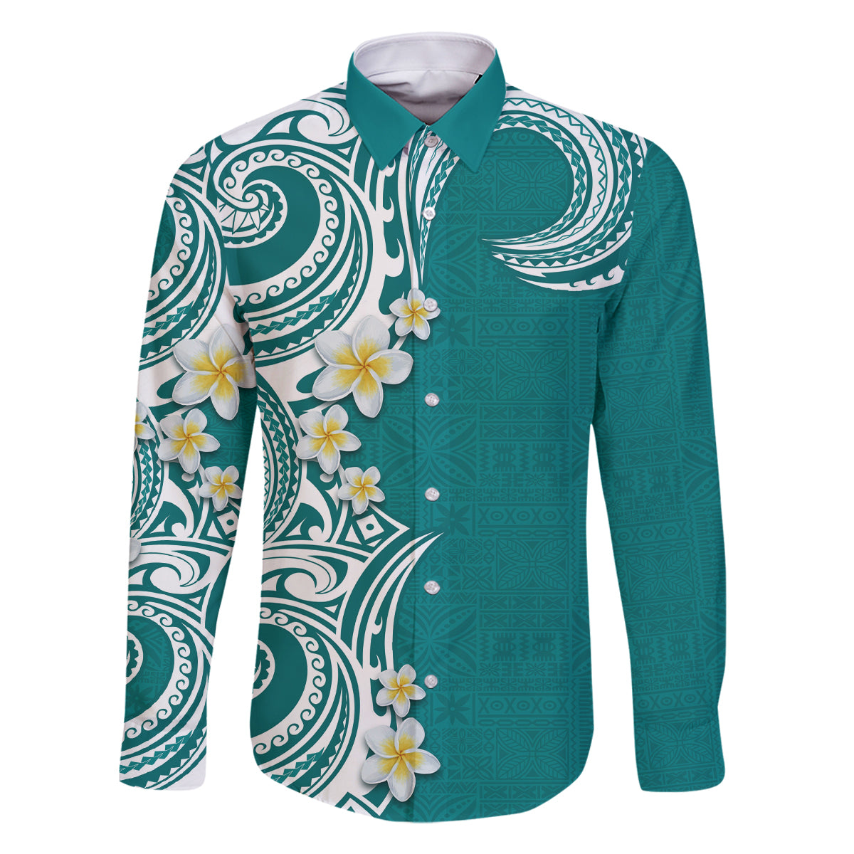 Aloha Polynesian Plumeria Flower Family Matching Mermaid Dress and Hawaiian Shirt Teal Color LT03 Dad's Shirt - Long Sleeve Teal - Polynesian Pride