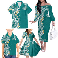 Aloha Polynesian Plumeria Flower Family Matching Off The Shoulder Long Sleeve Dress and Hawaiian Shirt Teal Color LT03 - Polynesian Pride