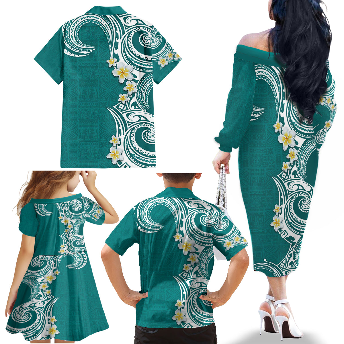 Aloha Polynesian Plumeria Flower Family Matching Off The Shoulder Long Sleeve Dress and Hawaiian Shirt Teal Color LT03 - Polynesian Pride